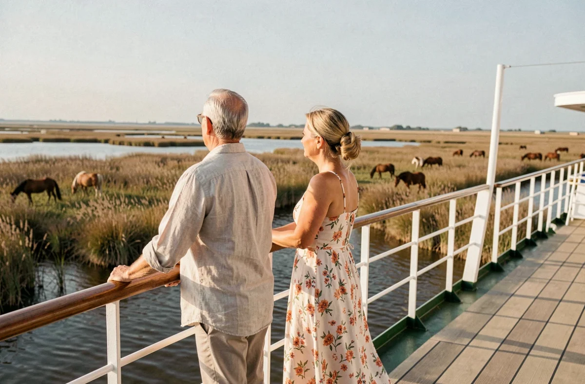 Couple profitant d'une croisière en Camargue sur le pont du bateau face aux marais et aux chevaux sauvages