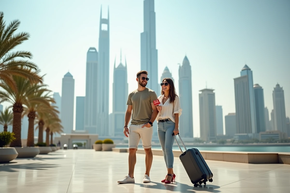 Couple souriant avec passeports et valise devant Dubai