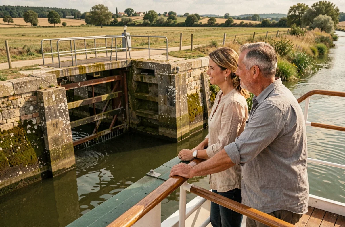 Couple observant une écluse du Canal du Midi depuis le pont d'un bateau de croisière fluviale