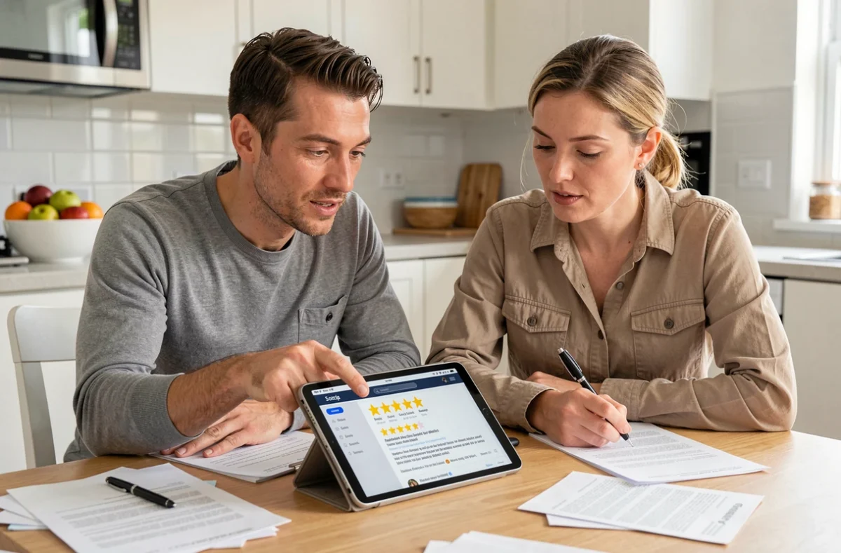 Couple évaluant ensemble les avis AirHelp sur une tablette dans leur cuisine