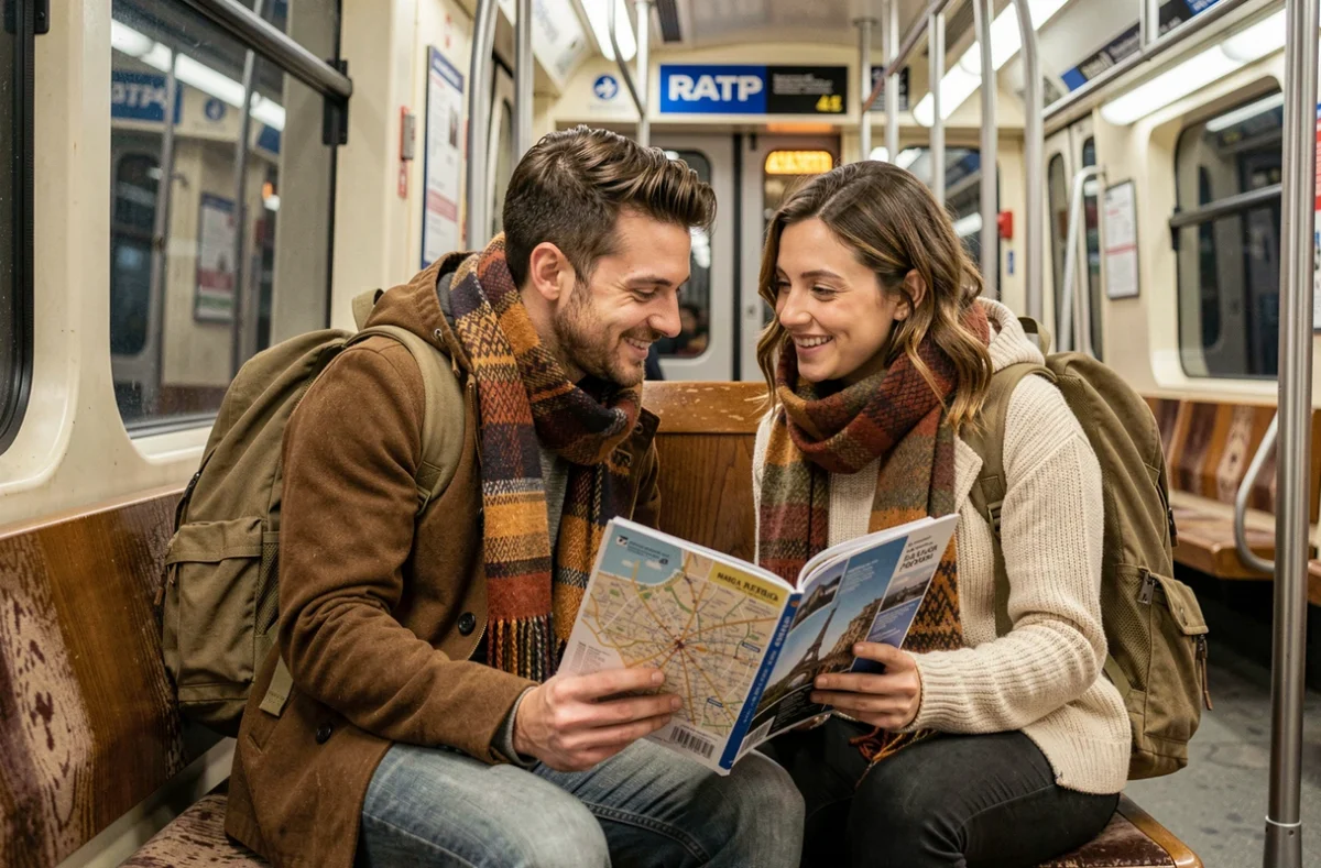 Couple planifiant leur itinéraire touristique à pied dans une rame de métro parisien avec un guide imprimé