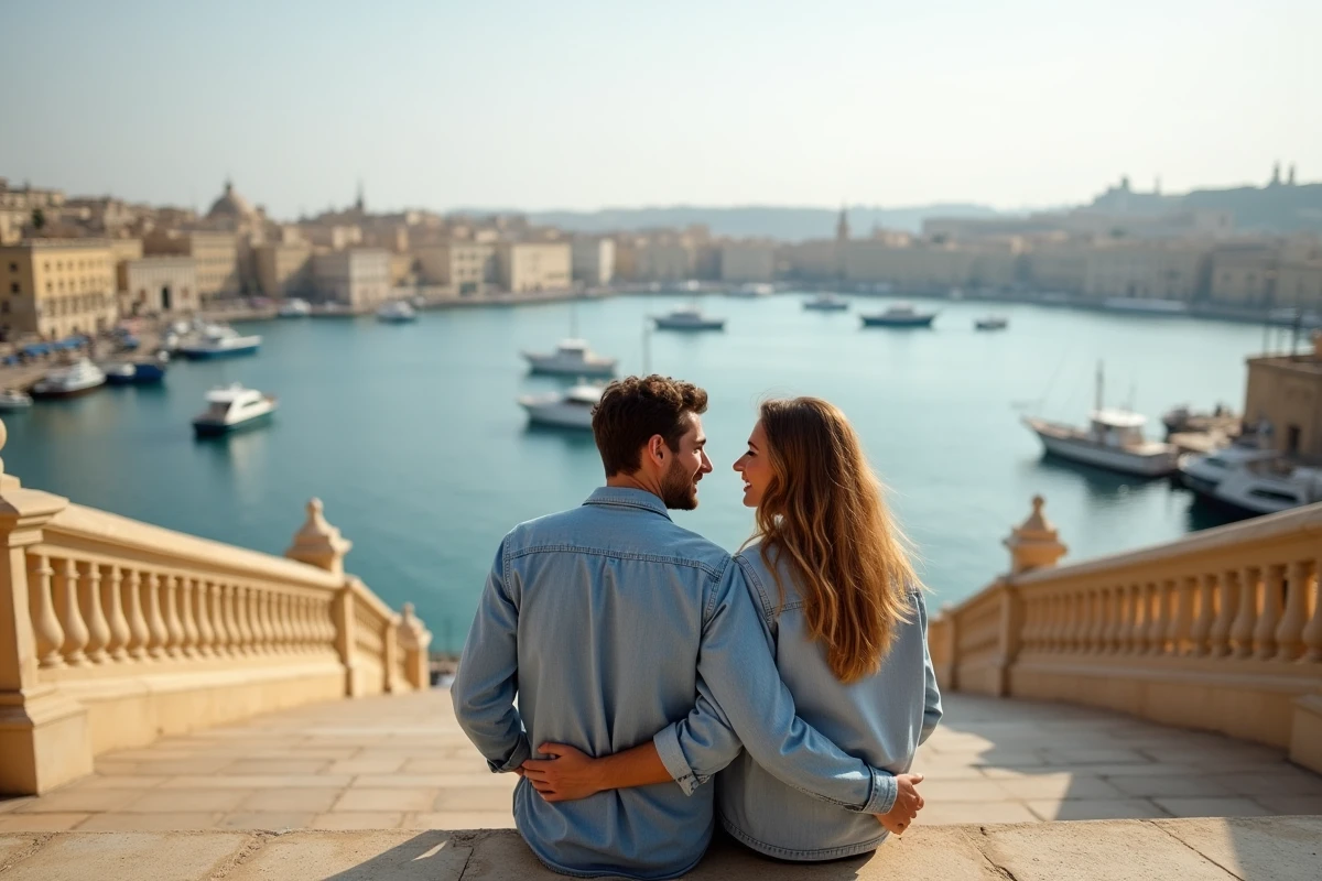 Couple assis aux jardins Barrakka supérieurs de La Valette avec le Grand Port de Malte en arrière-plan