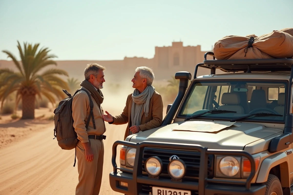Couple voyageant au Sahara devant leur 4x4 à Ksar Ghilane