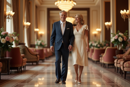 Couple élégant dans un lobby d'hôtel luxueux