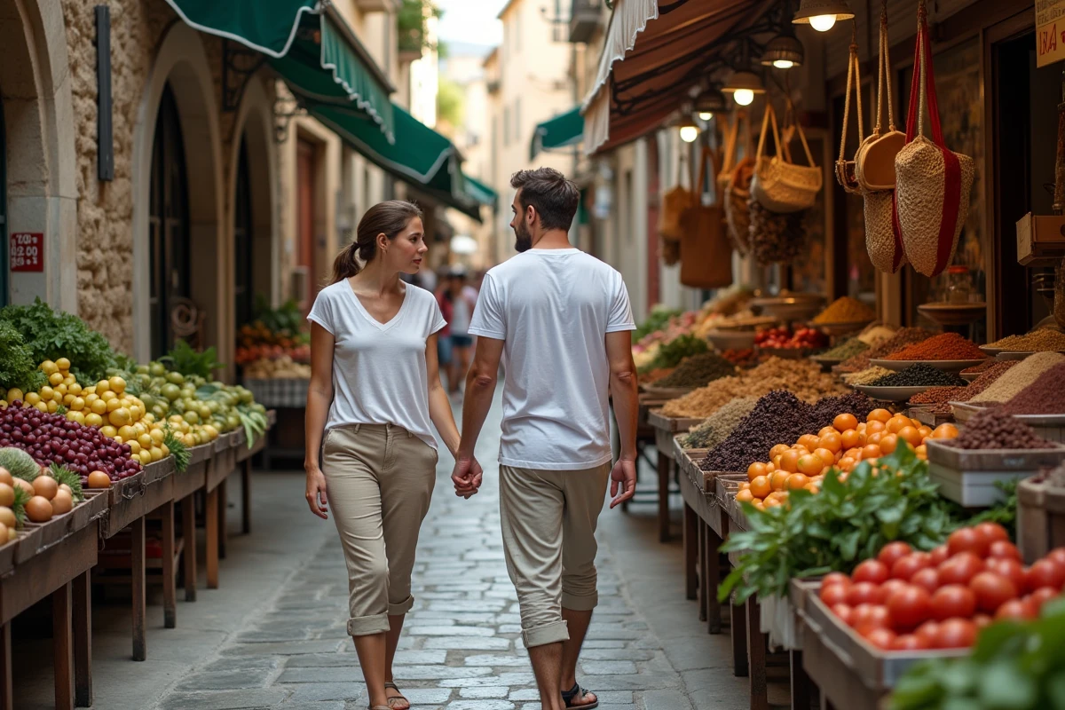 Couple explorant un marché local méditerranéen pour économiser en voyage avec des produits frais et artisanaux