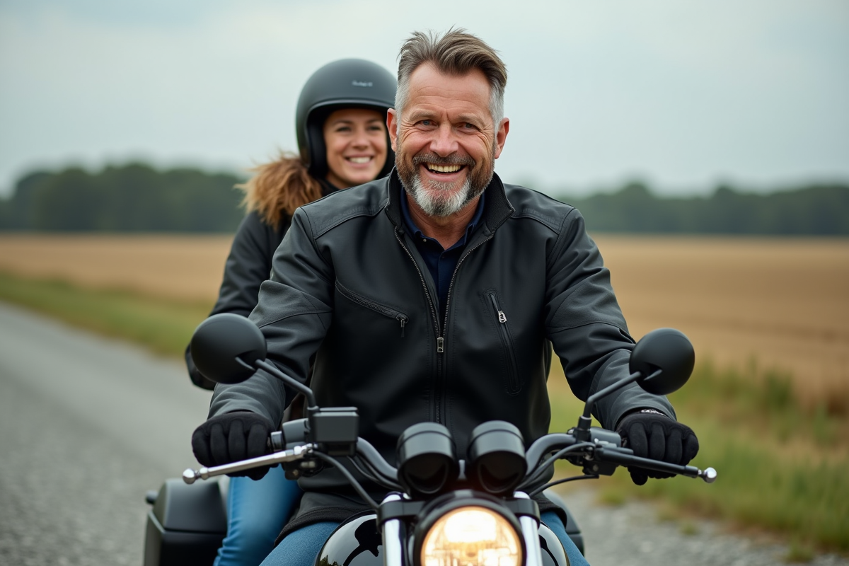 Homme en moto avec femme dans un paysage rural