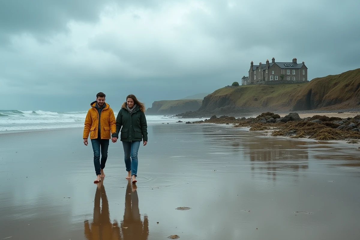 Couple se promenant sur une plage bretonne sauvage à marée basse avec un hôtel en granit visible en arrière-plan