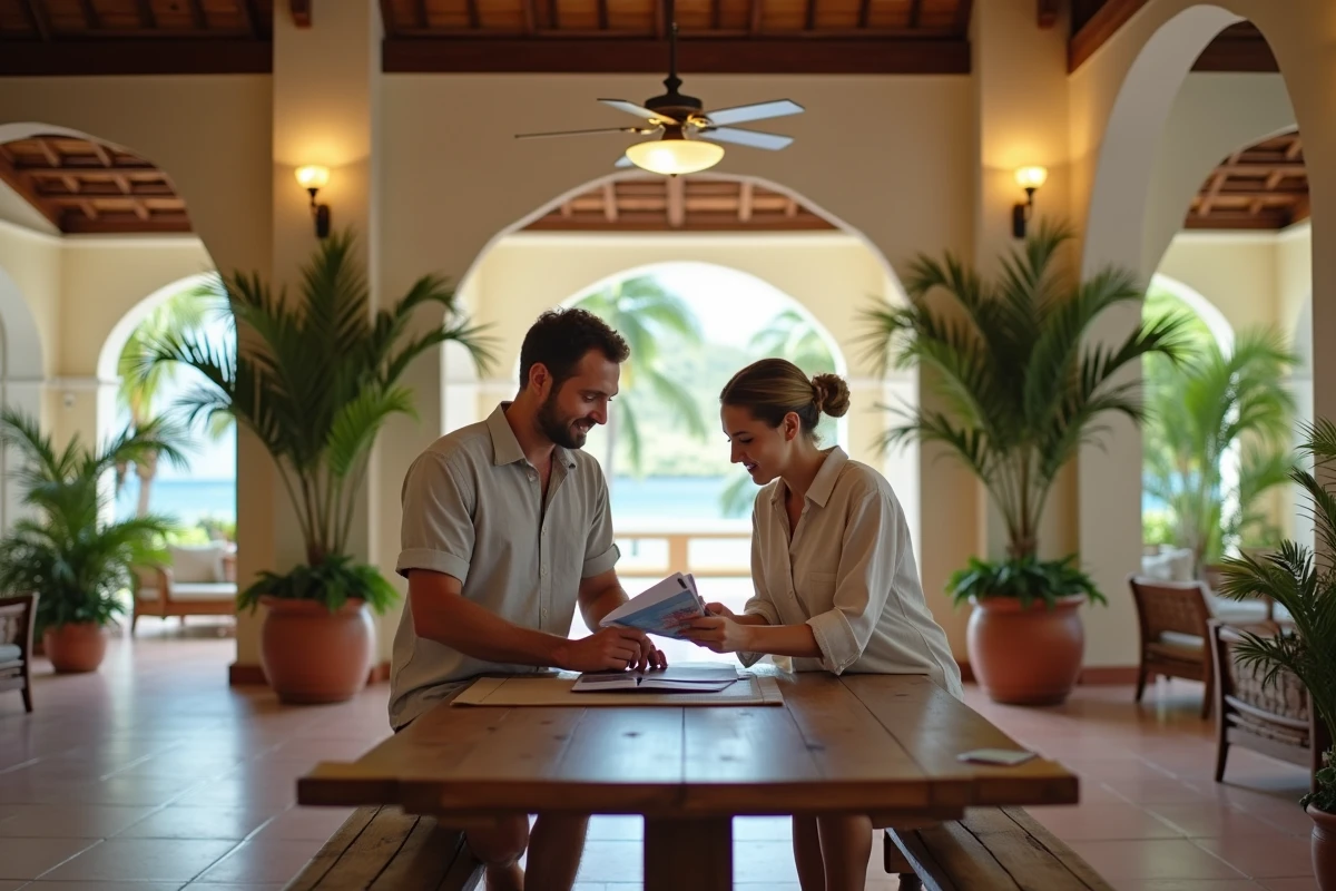 Couple planifiant leur séjour budget dans le hall colonial d'un hôtel de luxe en Guadeloupe avec brochures et itinéraire