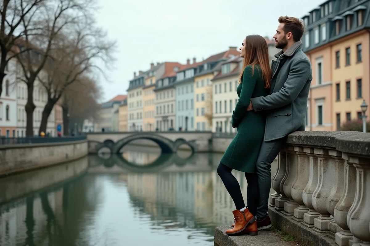 Couple romantique sur un pont en pierre au-dessus d'un canal viennois avec reflets de façades Art Nouveau dans l'eau