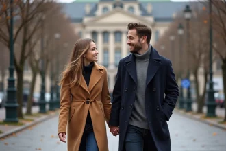 Couple amoureux se promenant main dans la main sur la Ringstrasse à Vienne en automne avec l'Hôtel de Ville en arrière-plan