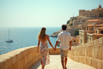 Couple se promenant main dans la main le long des remparts de La Valette avec vue sur la mer Méditerranée