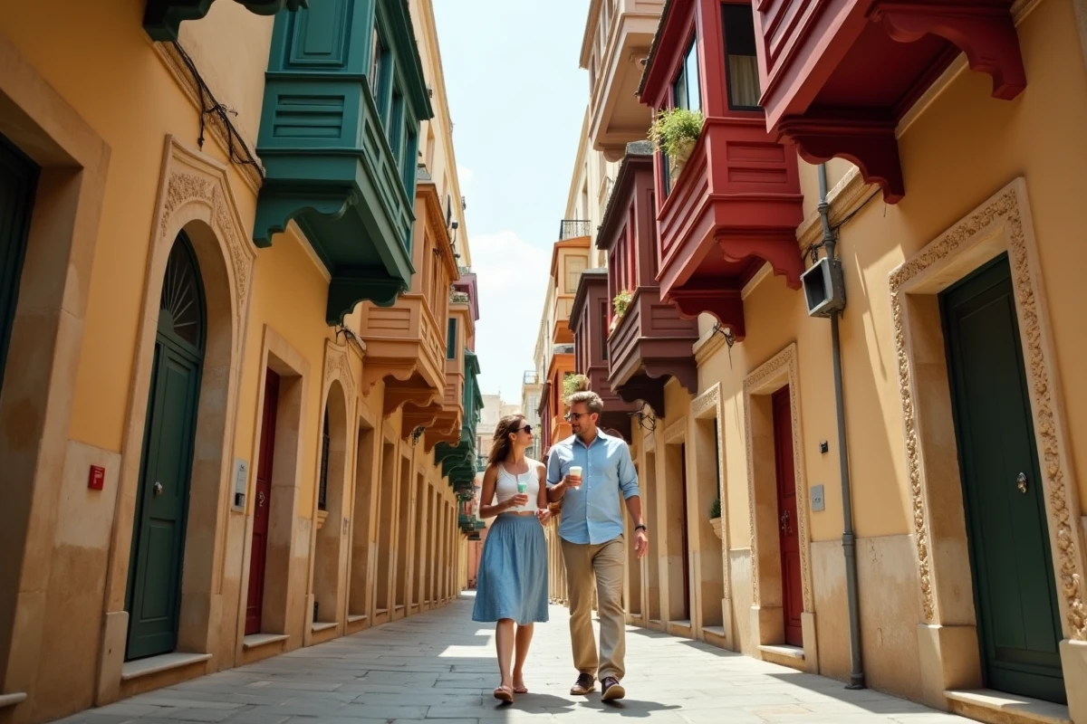 Couple découvrant une ruelle pittoresque de La Valette avec les célèbres balcons en bois colorés maltais