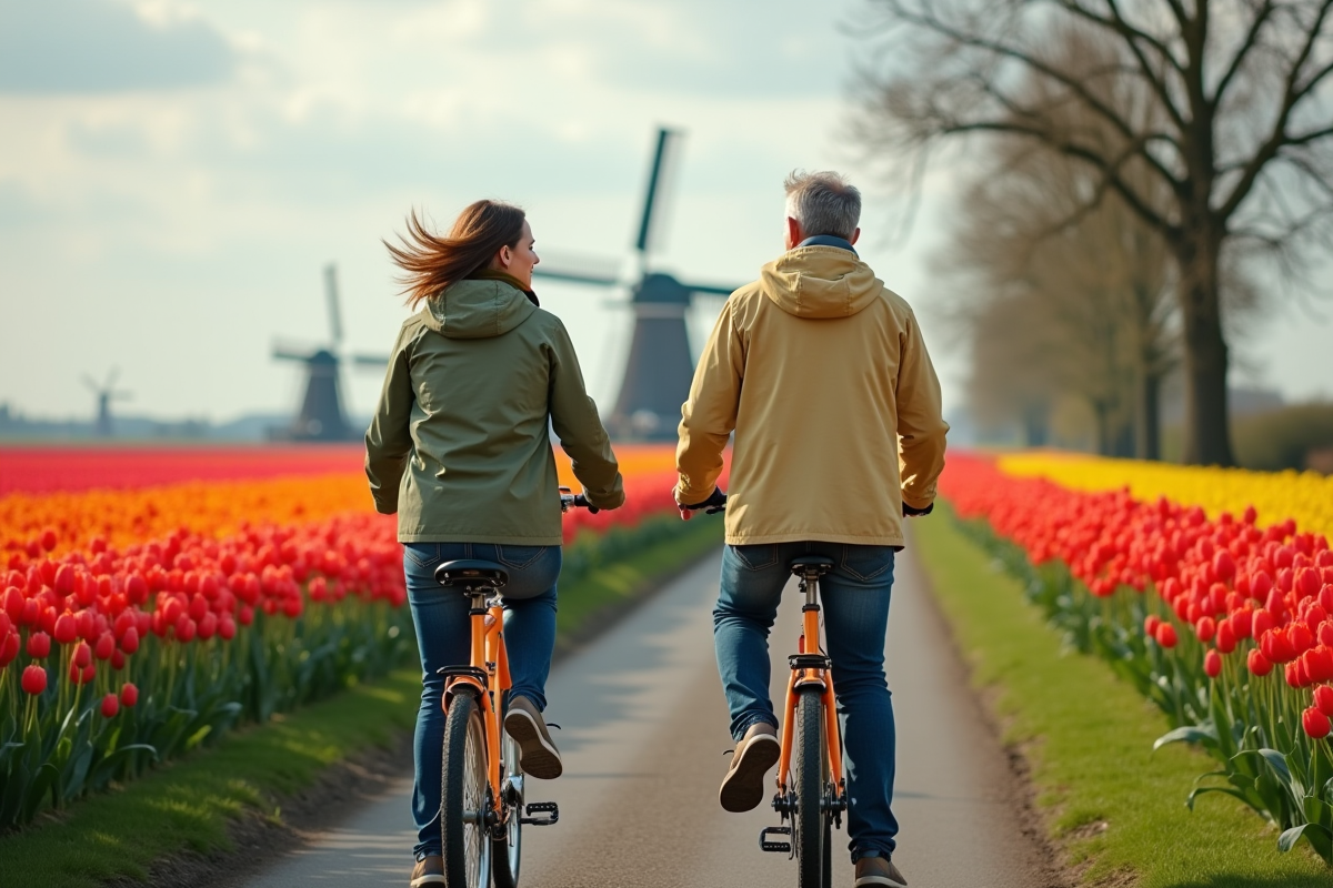 Couple à vélo dans la campagne tulipes aux Pays-Bas