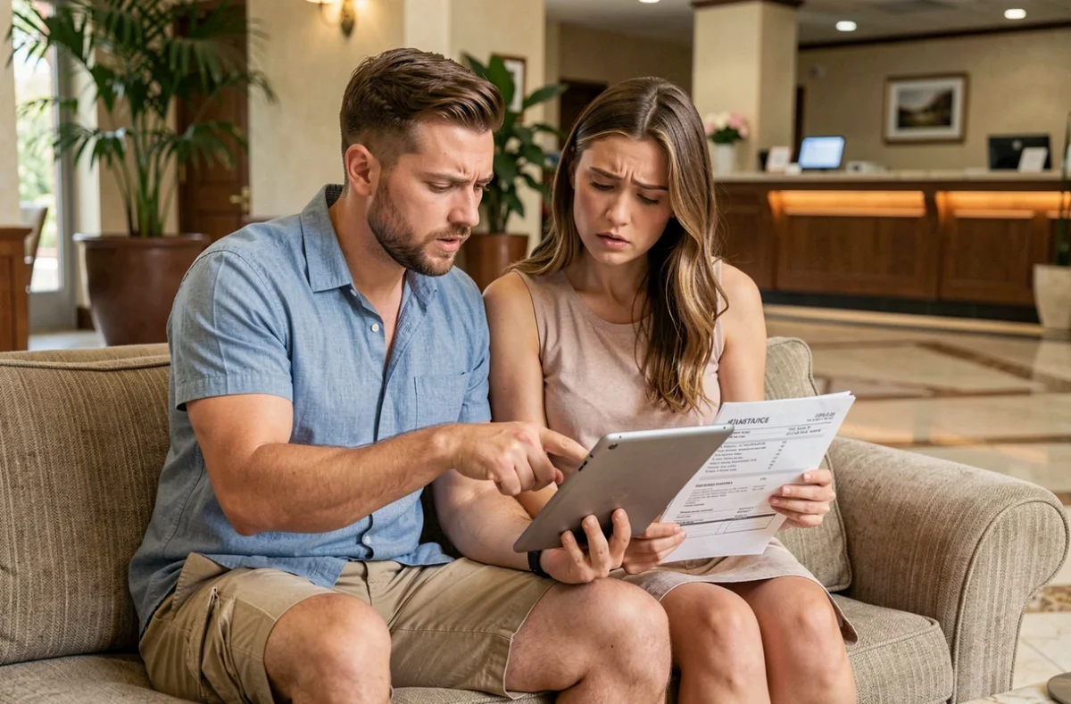 Couple vérifiant les détails de leur réservation de vacances sur une tablette dans le hall d'un hôtel avec une expression préoccupée