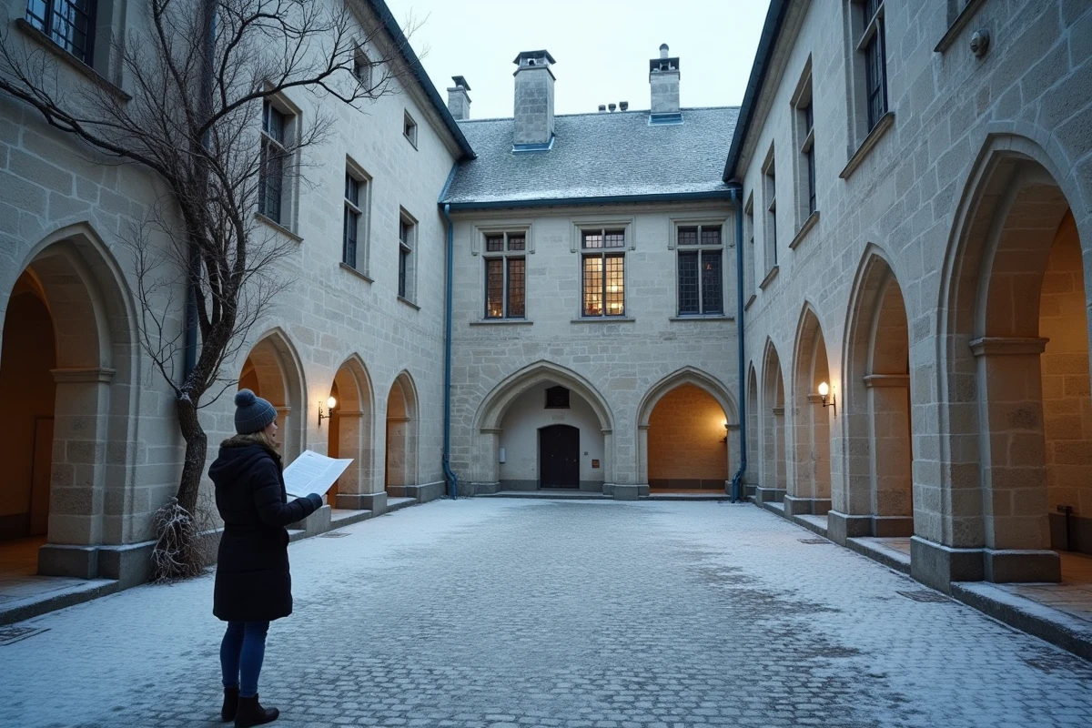 Cour intérieure d'un château fort français en hiver avec une visiteuse consultant une carte par temps froid