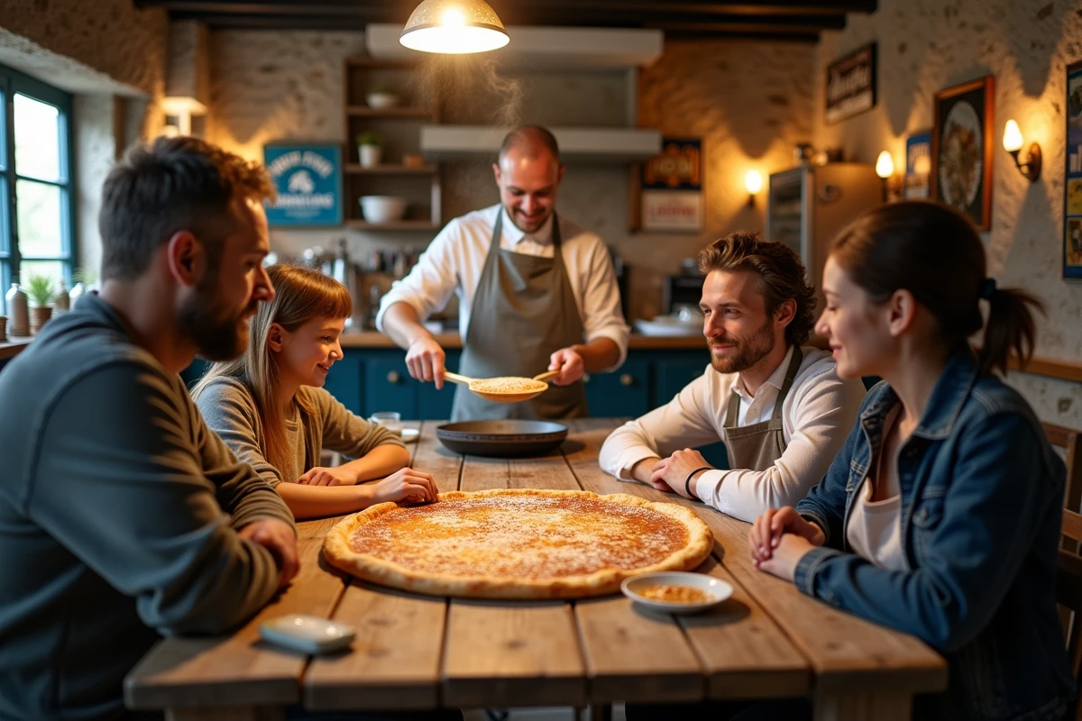Famille assistant à une démonstration de fabrication de galettes bretonnes dans une crêperie traditionnelle du Finistère