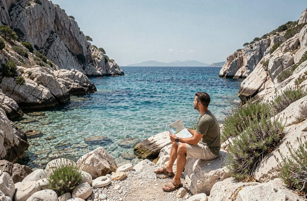 Voyageur solitaire découvrant une crique isolée de Zakynthos en dehors des zones touristiques bondées en été