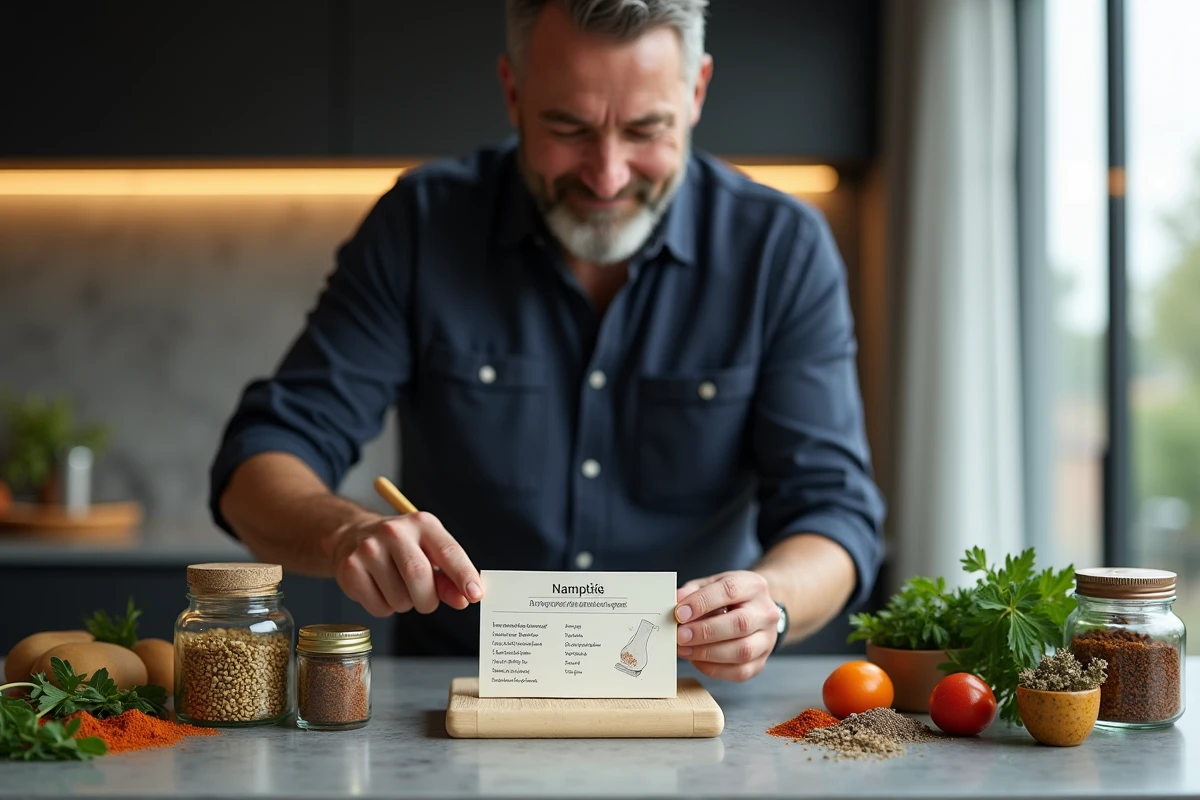 Homme cuisinant une recette exotique avec les ingrédients d'une box culinaire internationale dans une cuisine moderne
