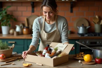 Femme déballant une box culinaire de voyage avec épices exotiques et fiches recettes sur une table en bois rustique