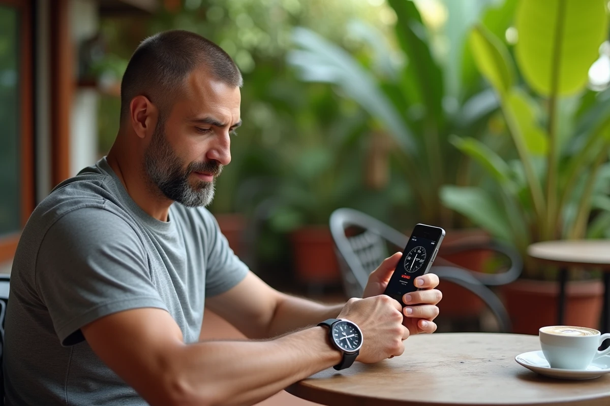Homme consultant l'heure sur smartphone et montre-bracelet pour gérer le décalage horaire avec La Réunion