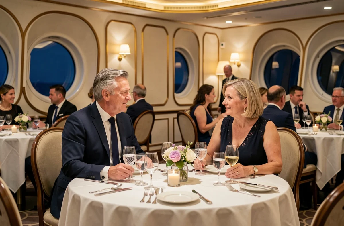Couple élégant dînant dans un restaurant de luxe à bord d'un bateau de croisière