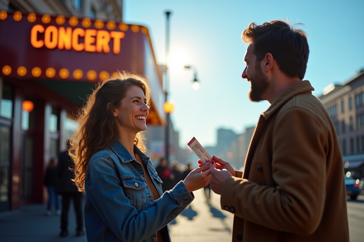Deux personnes souriantes échangeant un billet devant un lieu de concert