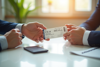 Mains échangeant un billet d'événement sur un bureau lumineux