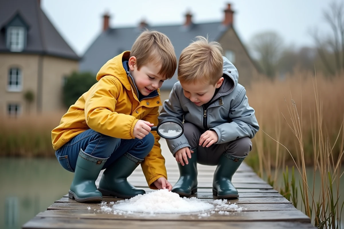 Deux enfants examinant des cristaux de sel dans le marais
