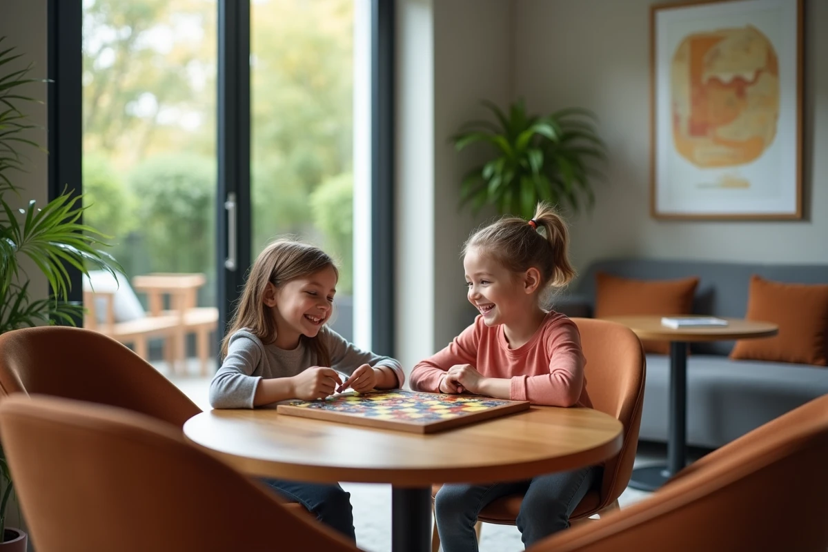 Enfants jouant à un jeu de société dans un lounge moderne