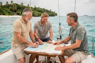 Équipage en train de planifier une croisière en voilier aux Caraïbes autour d'une carte nautique dans le cockpit