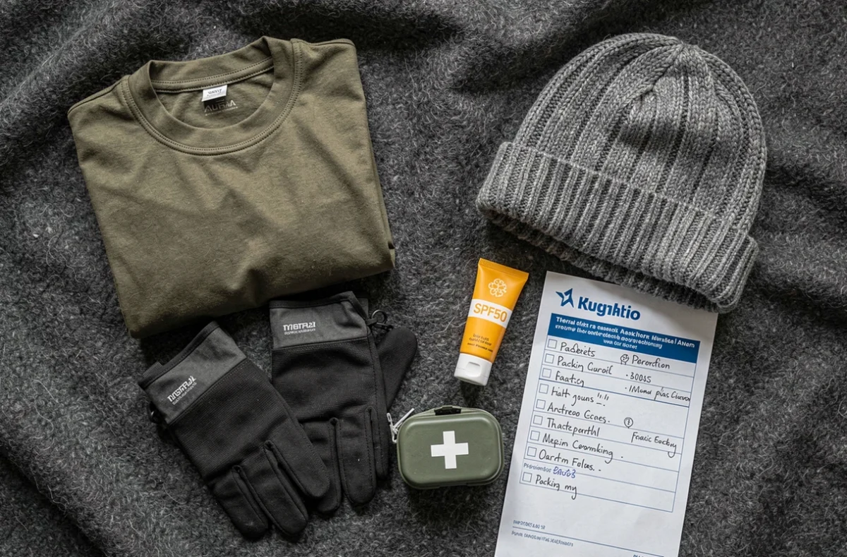 Équipement essentiel pour une croisière au Spitzberg présenté en flat lay : vêtements thermiques, gants, bonnet et accessoires