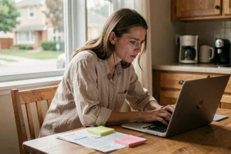 Femme consultant des détails de réservation de vacances sur son ordinateur portable avec une expression soucieuse, entourée de notes et documents de voyage
