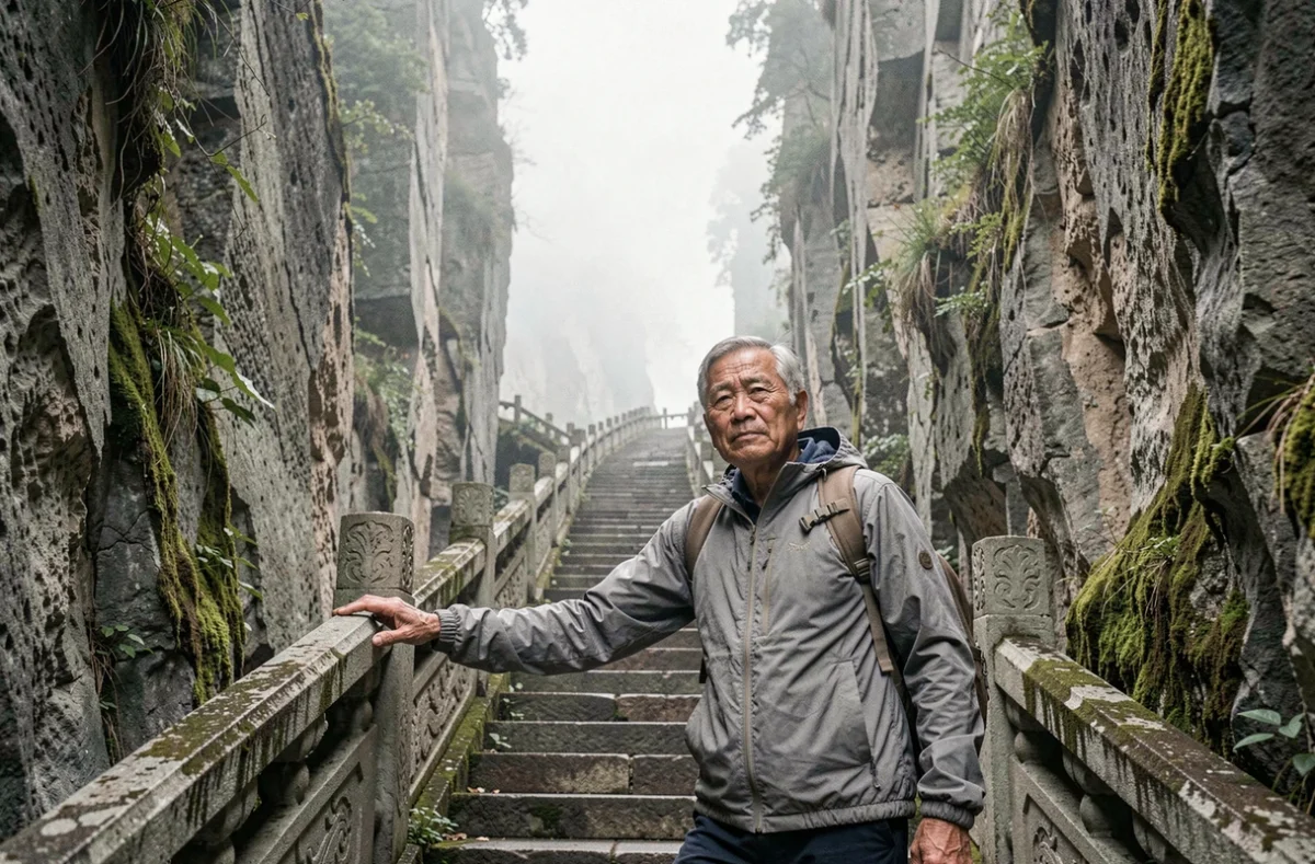 Escaliers des 999 marches taillés dans la falaise de Tianmen Mountain avec un randonneur en chemin vers la porte du ciel à Zhangjiajie
