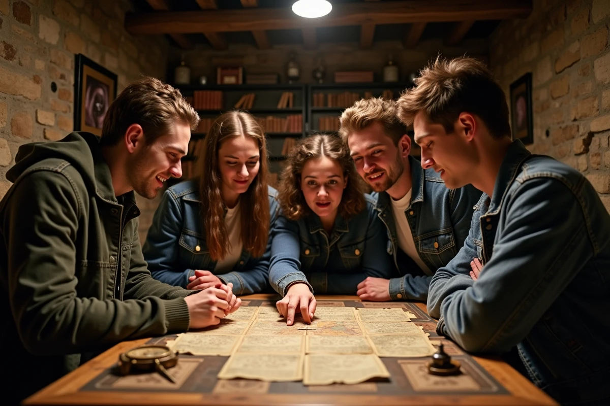 Groupe d'amis en pleine partie d'escape game à Lyon lors d'une soirée d'anniversaire originale