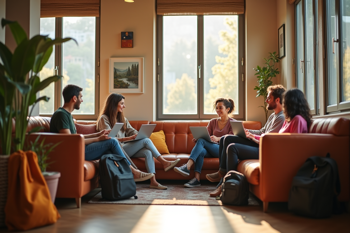 Espace convivial d'auberge avec voyageurs jeunes et décontractés