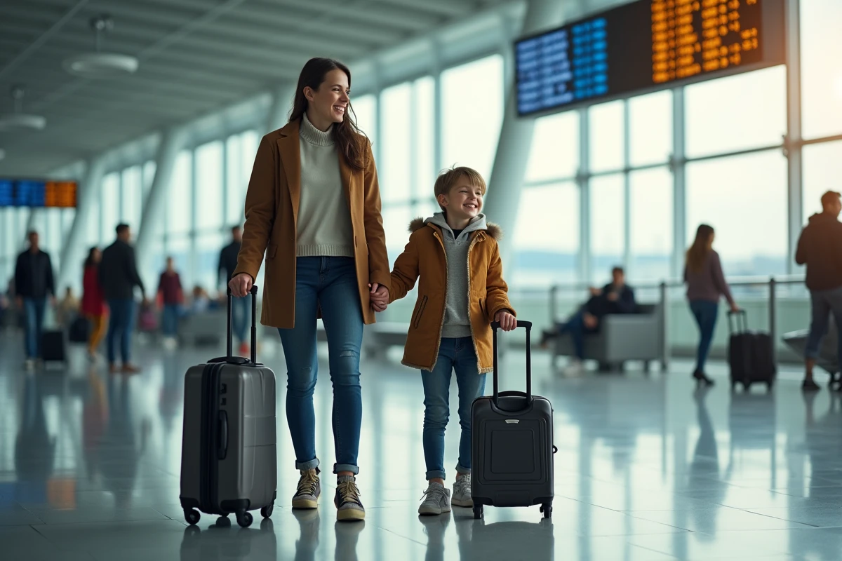 Mère et enfants dans un aéroport international au départ pour un voyage en famille économique à l'étranger
