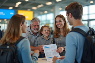Famille souriante à l'aéroport avec documents de voyage Air France