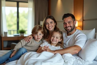 Famille souriante dans une chambre d'hôtel chaleureuse