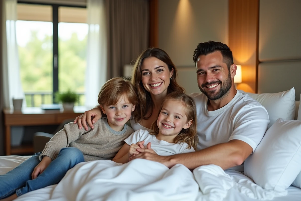 Famille souriante dans une chambre d'hôtel chaleureuse