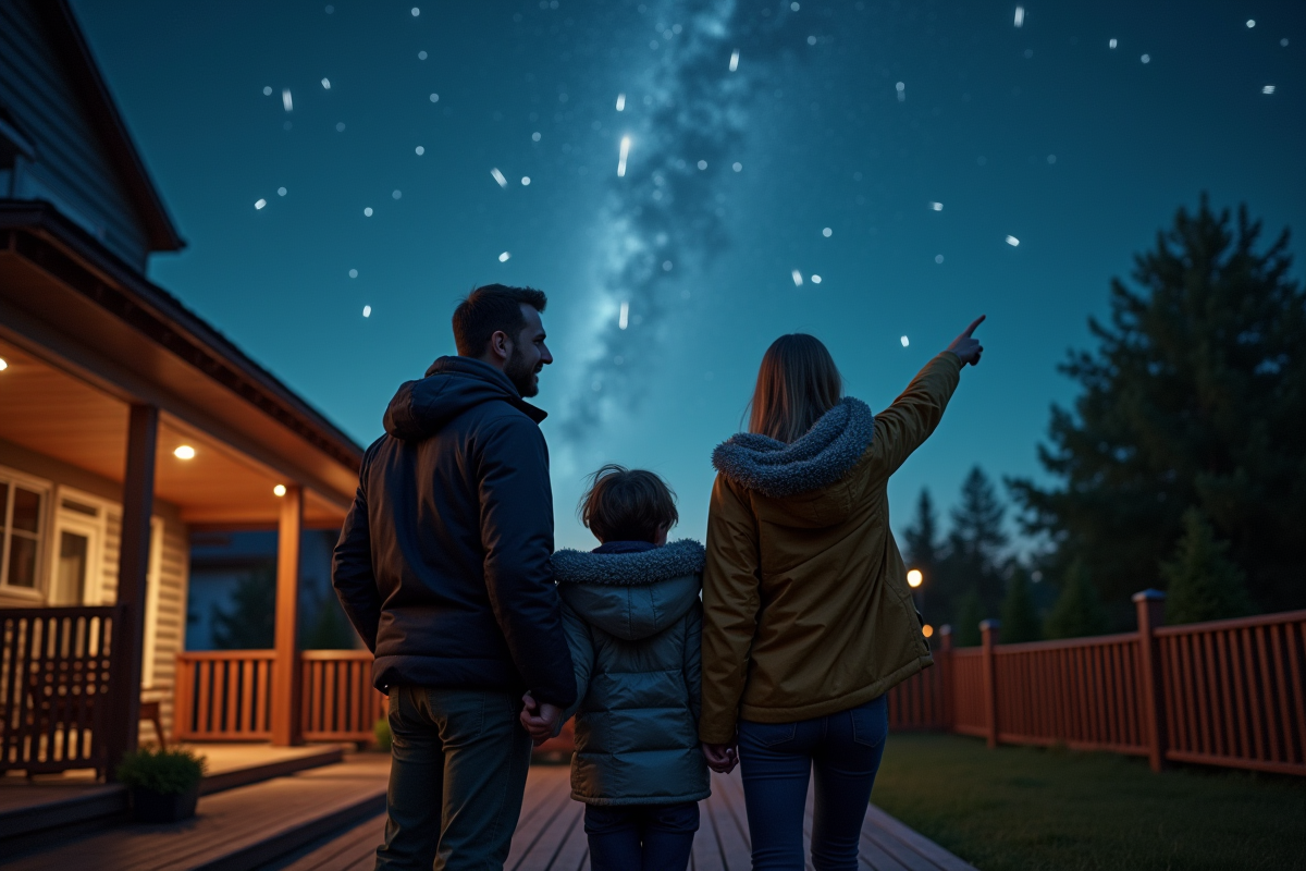 Famille pointant vers un ciel rempli de météores