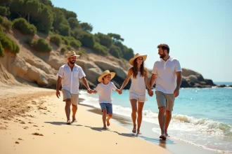 Famille de quatre en promenade sur la plage de Rayol Canadel
