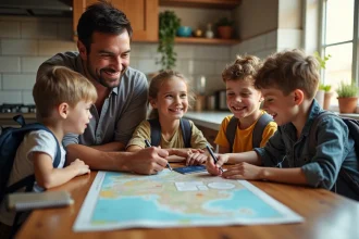 Famille de quatre personnes planifiant un voyage pas cher à l'étranger autour d'une carte et d'un carnet de budget