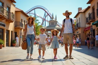 Famille souriante devant PortAventura en Espagne