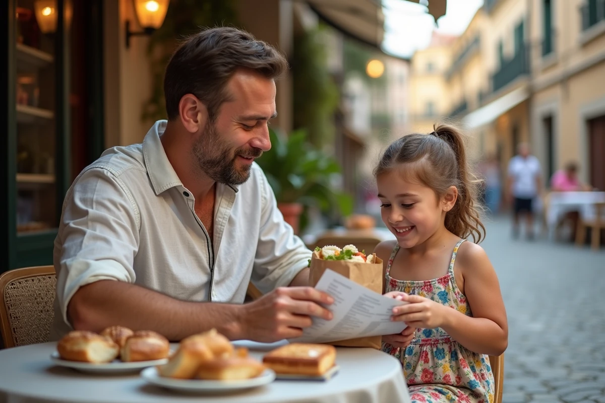Père et fille partageant un repas abordable en terrasse lors d'un voyage en famille économique en Europe