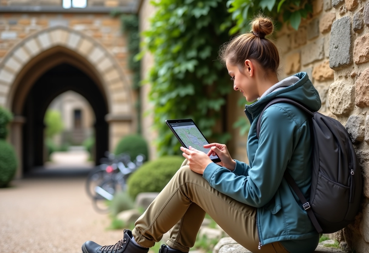Jeune femme avec tablette près d une abbaye ancienne