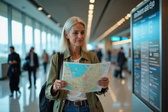 Femme voyageuse regarde une carte de Dubai à l'aéroport
