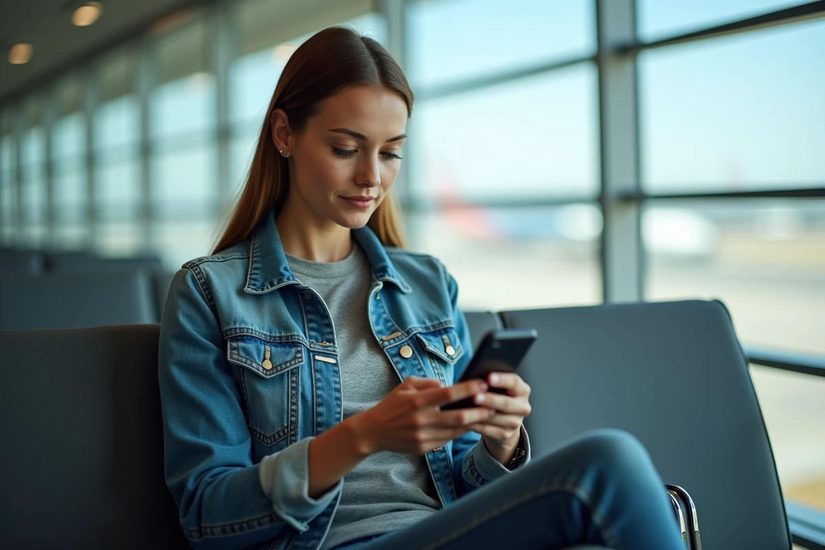 Jeune femme à l'aéroport consulte une application de vol