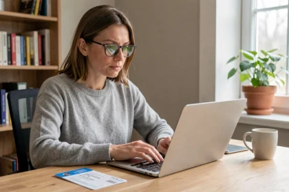 Femme analysant des avis clients AirHelp sur un ordinateur portable dans un bureau à domicile