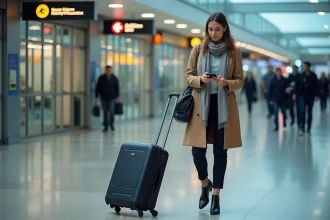 Femme avec valise checkant son téléphone à Gatwick
