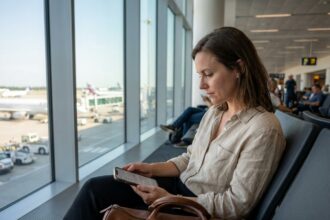 Femme consultant son assurance voyage sur smartphone dans un aéroport avant son départ à l'étranger